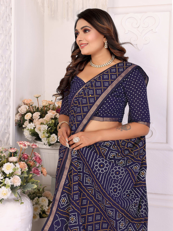 Navy blue Amba Pure Patola And Bandhej Pattern Soft Cotton Light Weight Saree