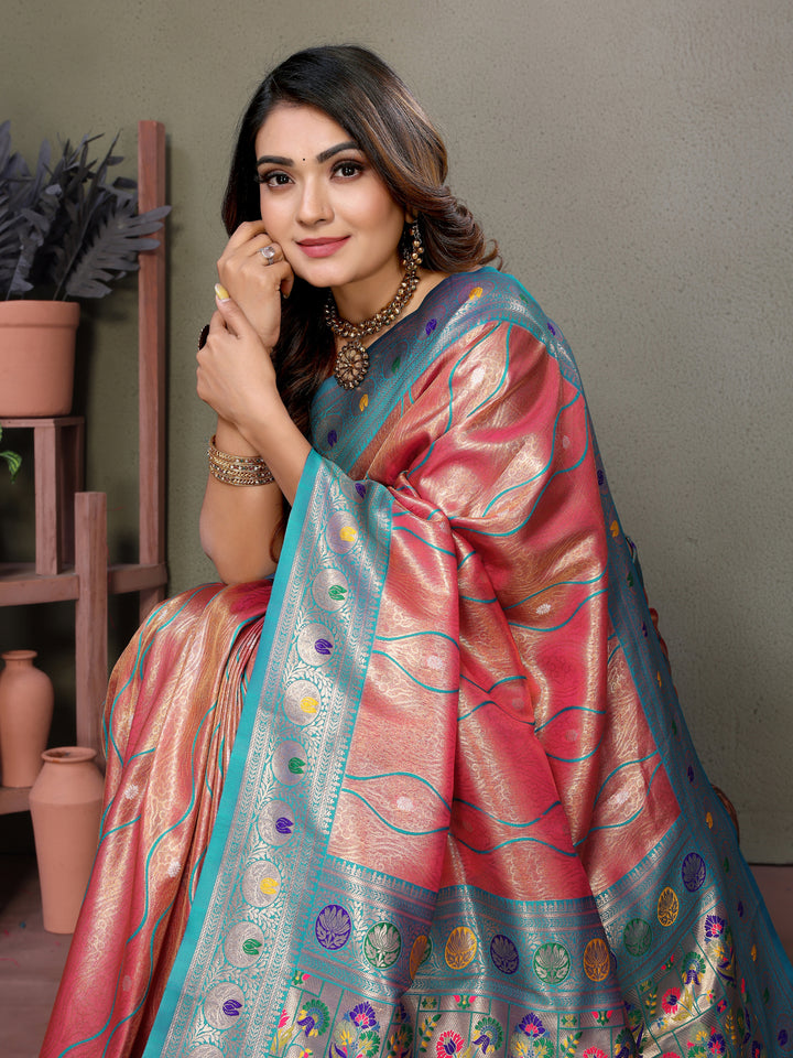 Pink Vasant Banarasi Tissue Silk Saree With Laheriya Woven Borders & Contrast Banarasi Pallu
