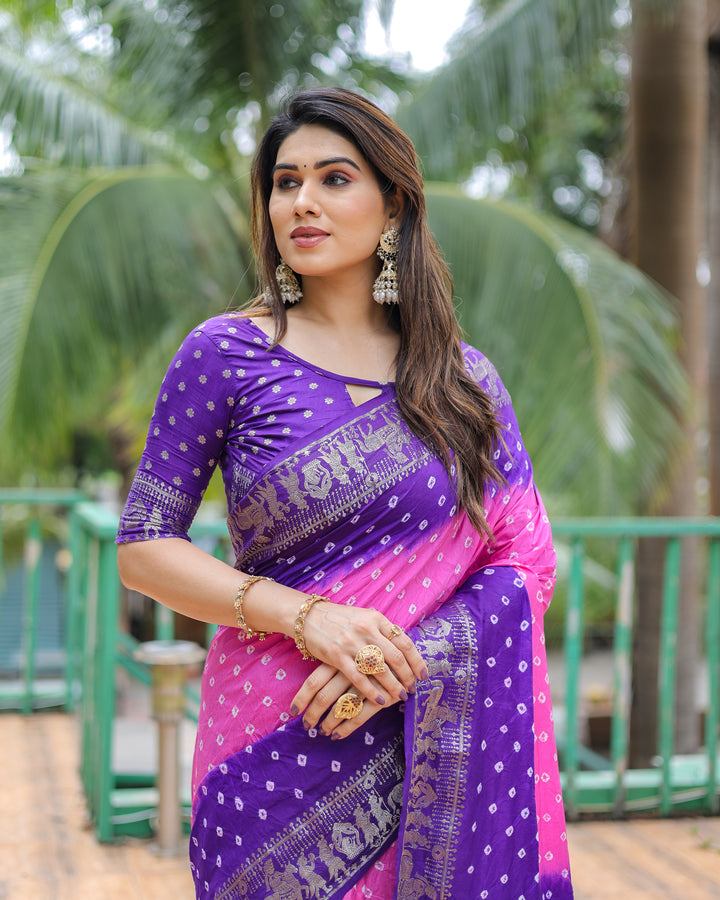 Purple Vamika Pure Bandhej Silk Saree With Bandhej Border & Zari Weaving Rich Tissue Pallu