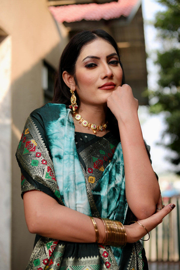 Green Flora Sibori Print Paithani Silk Sarees  With Gold Zari Paithani Border & Contrast  Rich Pallu
