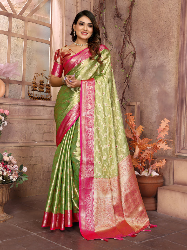 Green Vanita Tissue Silk Saree Zari Designs and Contrast Zari Borders & Rich Pallu
