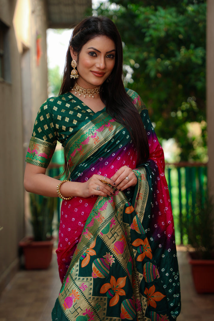 Pink Swastik Pure Bandhej Silk Saree With Minakari Border Kalash & Swastik Design Rich Pallu Saree