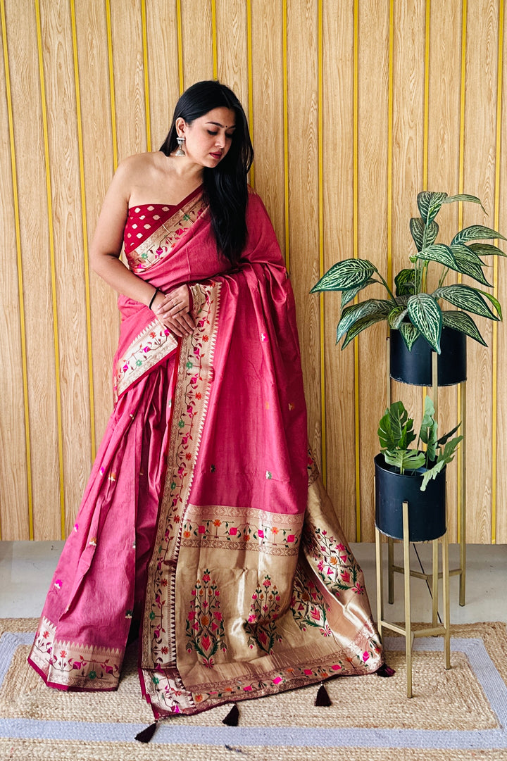 Maroon Shabri Paithani Soft  Silk Sarees Weaved With Buttas Pattern & Contrast Concept