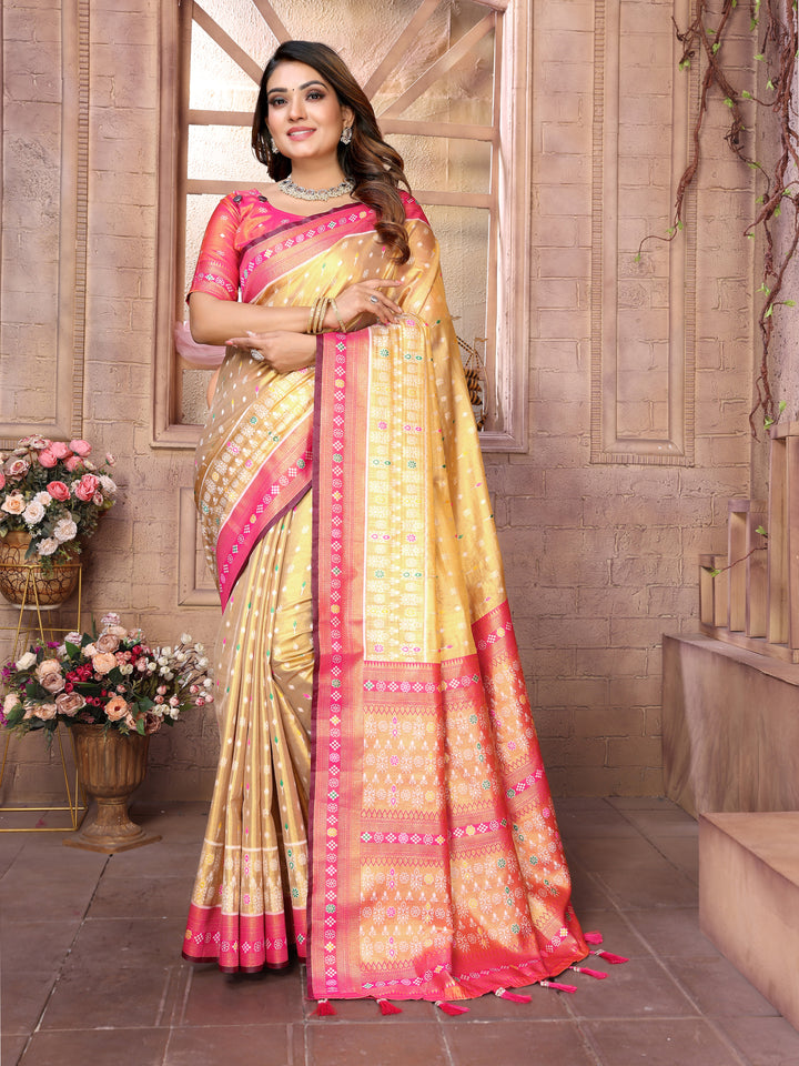Cream Tarveni Banarasi Tissue Silk (Patola weaving) Saree With Contrast Patola Woven Borders & Pallu