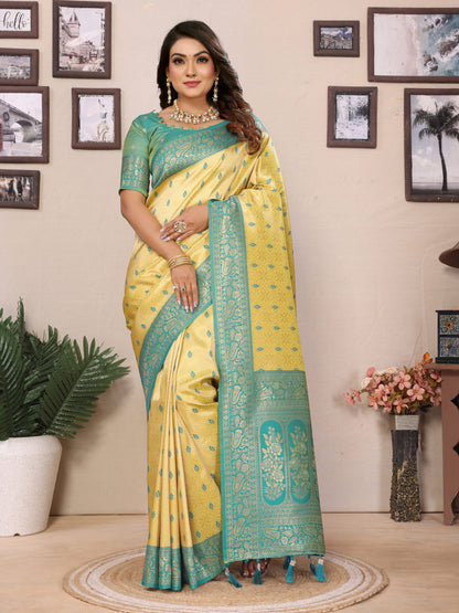 Yellow Devika Handloom Tissue Silk Sarees with Zari Weaving and Contrast Zari woven borders