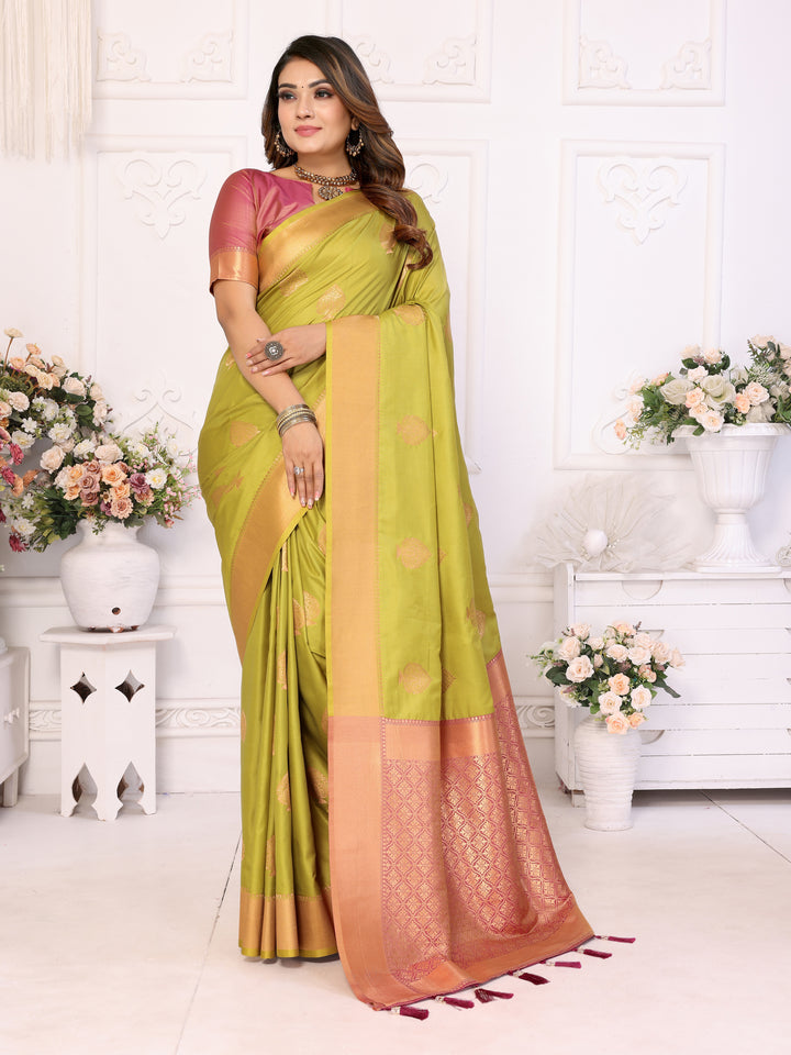 Green Vardhman Lichi soft Silk sarees woven Butta concept & woven Zari borders both sides