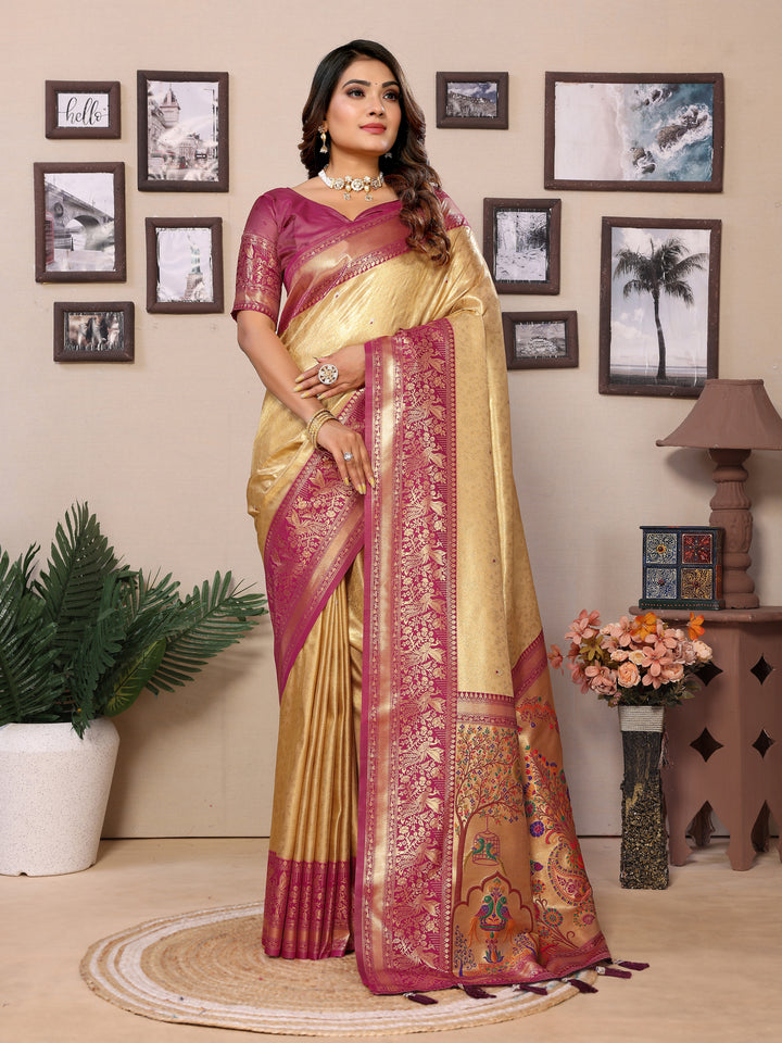 Yellow Vantara Banarasi Tissue Silk Saree With Contrast Paithani Woven Borders & Pallu
