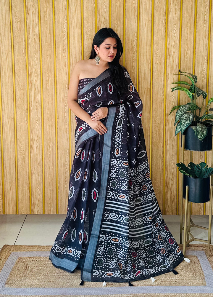 Black Shukriya Soft Linen Cotton Digital Print Saree With Batik Print With Silver Border