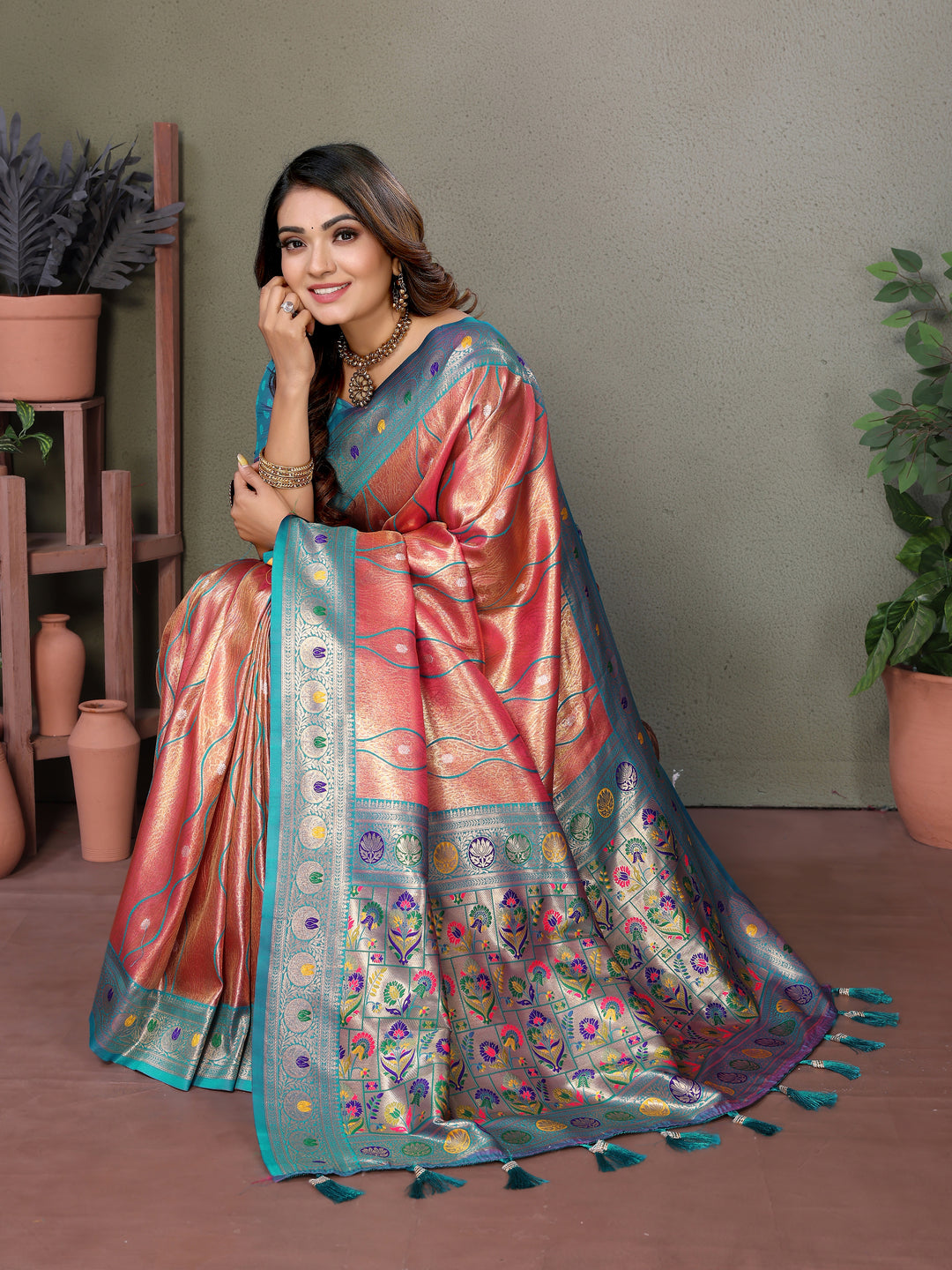 Pink Vasant Banarasi Tissue Silk Saree With Laheriya Woven Borders & Contrast Banarasi Pallu