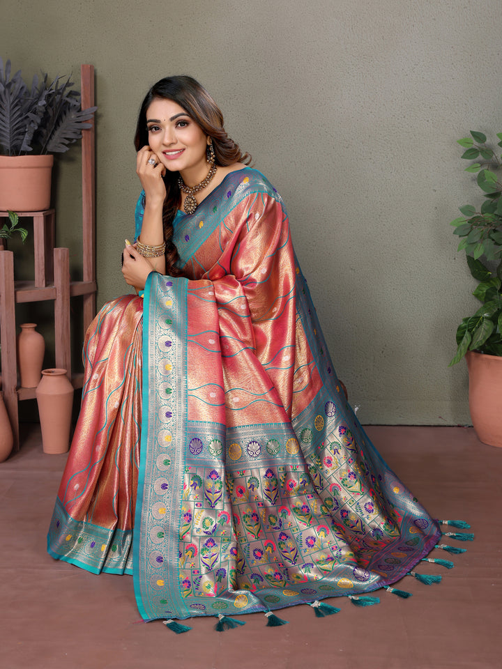 Pink Vasant Banarasi Tissue Silk Saree With Laheriya Woven Borders & Contrast Banarasi Pallu