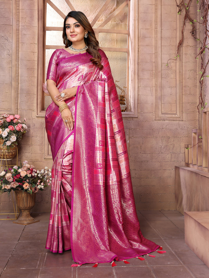 Pink Somya Banarasi Chaturi silk saree ,Jari weaving Border and Weaving rich pallu