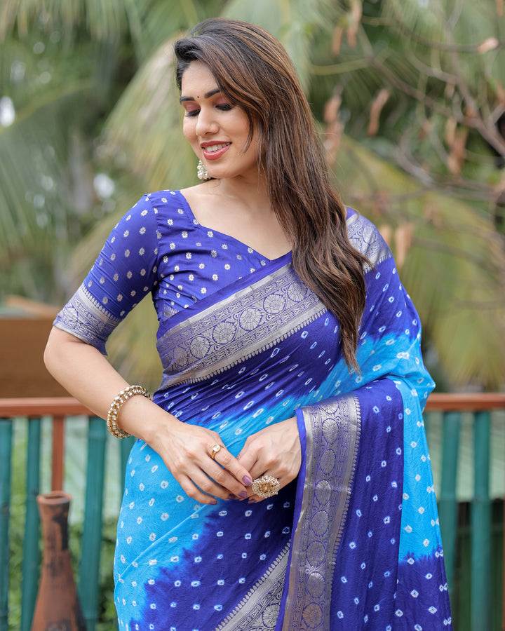Blue Devika Dola Soft Silk Bandhej Sarees Jari Paithani Weaving Border & Weaving Paithani Style Rich Pallu