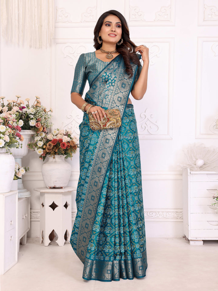 Sky Blue Samshira Soft Satin Silk Bandhej Print Saree With Zari Border Design And Having Rich Pallu