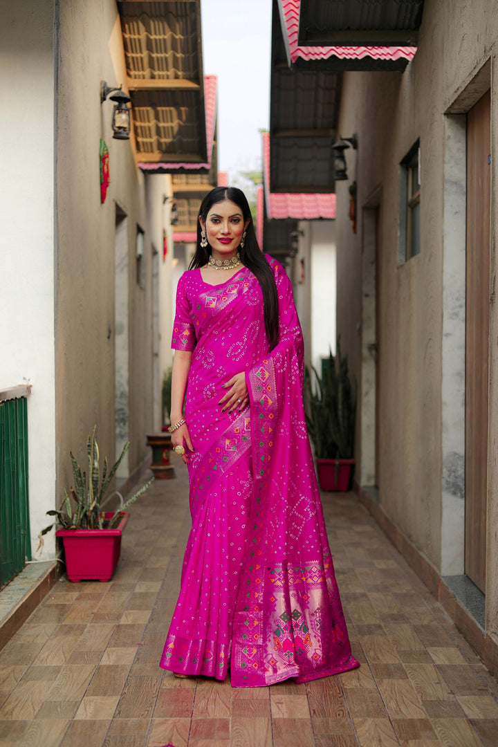 Magenta Mayraa Pure Bandhej Silk Saree With Patola Border Zari Weaving Paithani And Paithani Rich Pallu