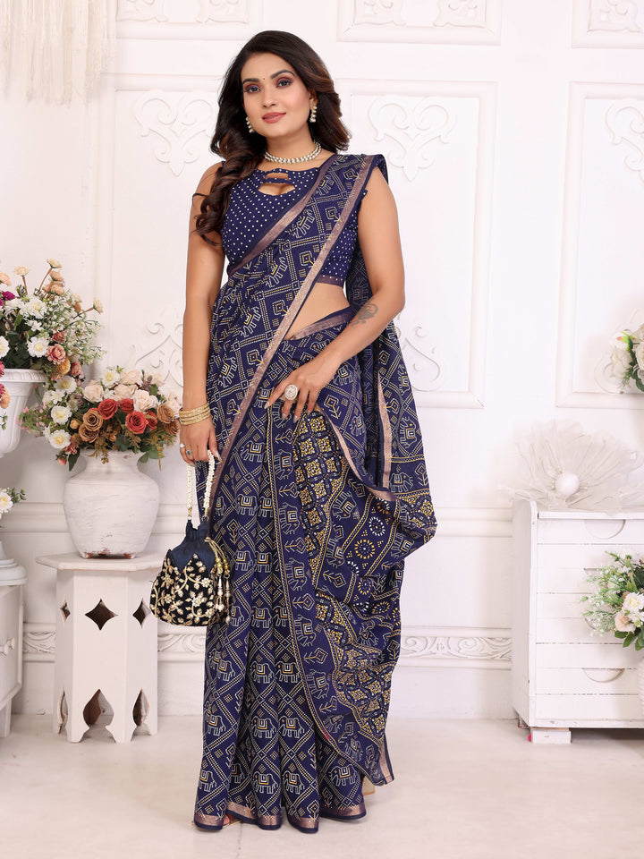Navy Blue Ambika Pure Patola And Bandhej Pattern Soft Cotton Light Weight Saree