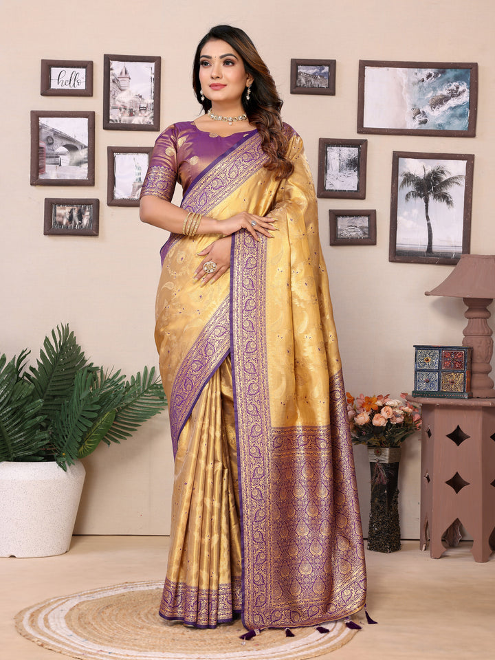 Purple-yellow Hema pure Banarasi Tissues silk sarees Its soft and silky with Meenkari woven border