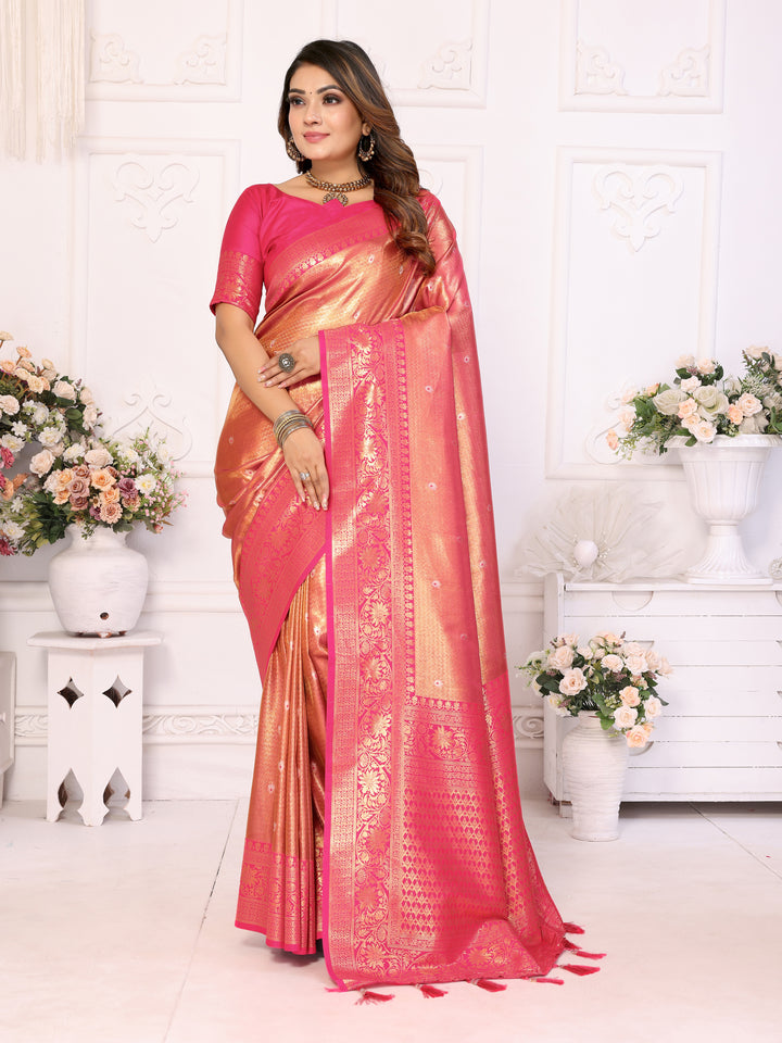 Pink Eshwari Banarasi tissue silk  sarees with all over Butti contrast woven borders classic pallu