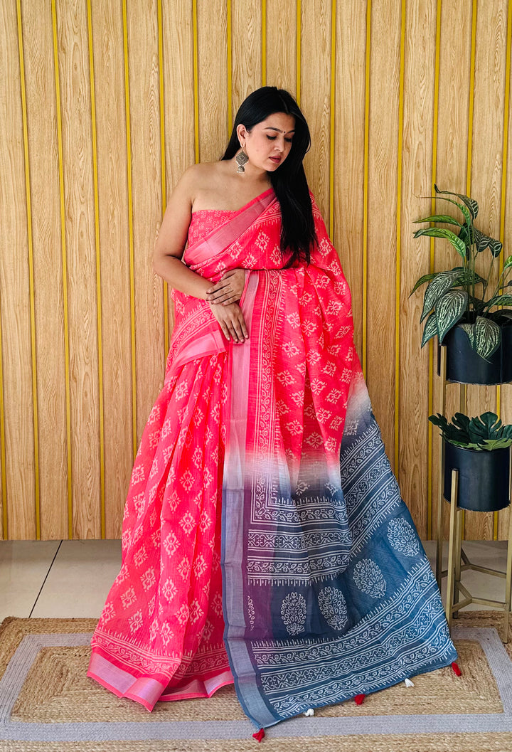 Red Khushboo Soft Linen Cotton Digital Print Sarees With Batik Print With Silver Border