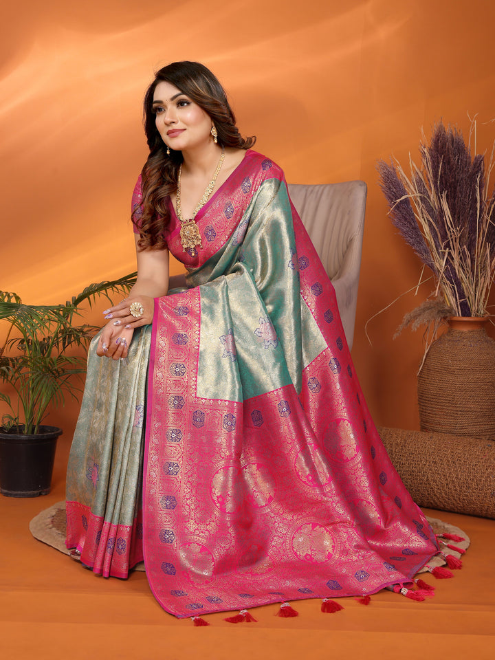 Sky Blue Saroj Banarasi Silk Saree With Contrast Paithani Woven Borders & Pallu