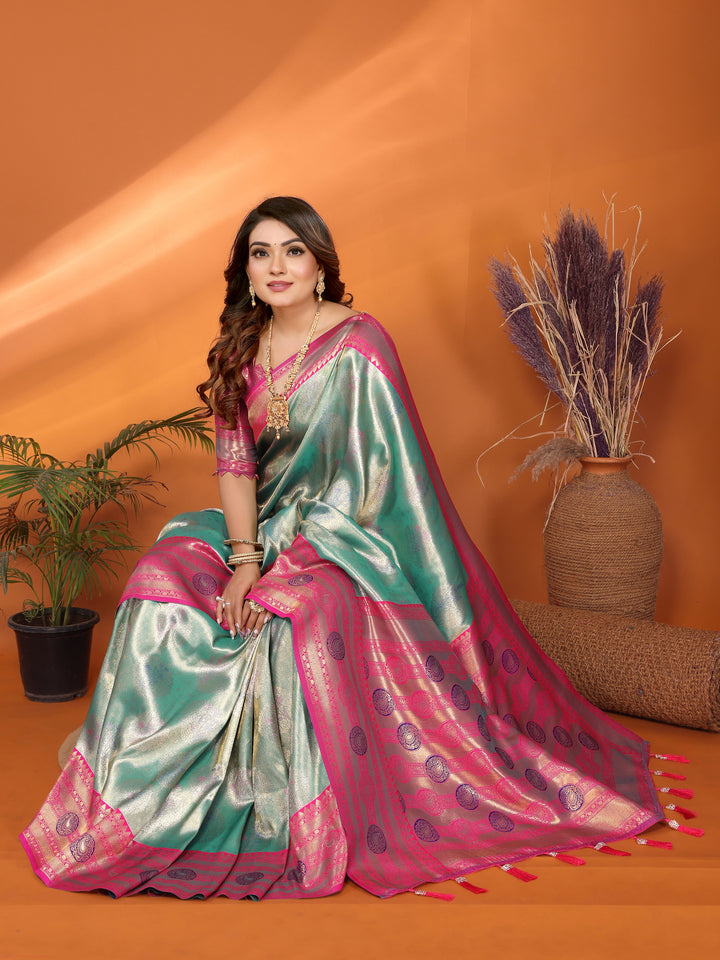 Sky Blue Sonali Banarasi Silk Saree With Contrast Paithani Woven Borders & Pallu