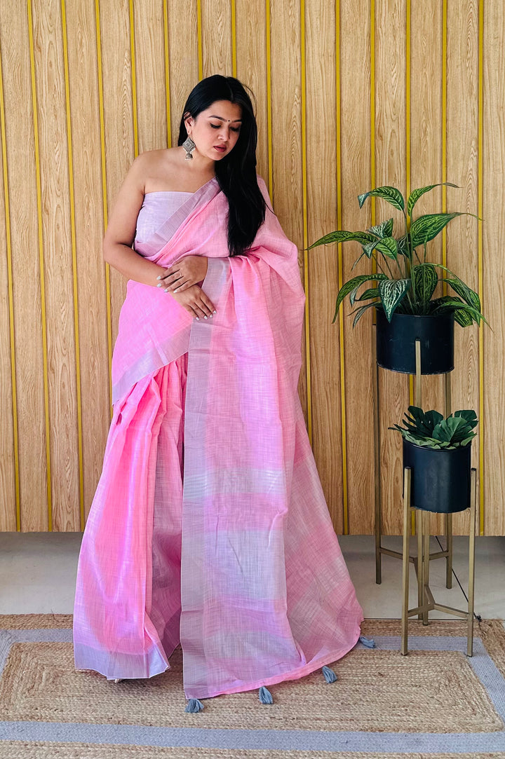Pink Griva Linen Cotton Saree With Silver Jari Border And Silver Border Blouse