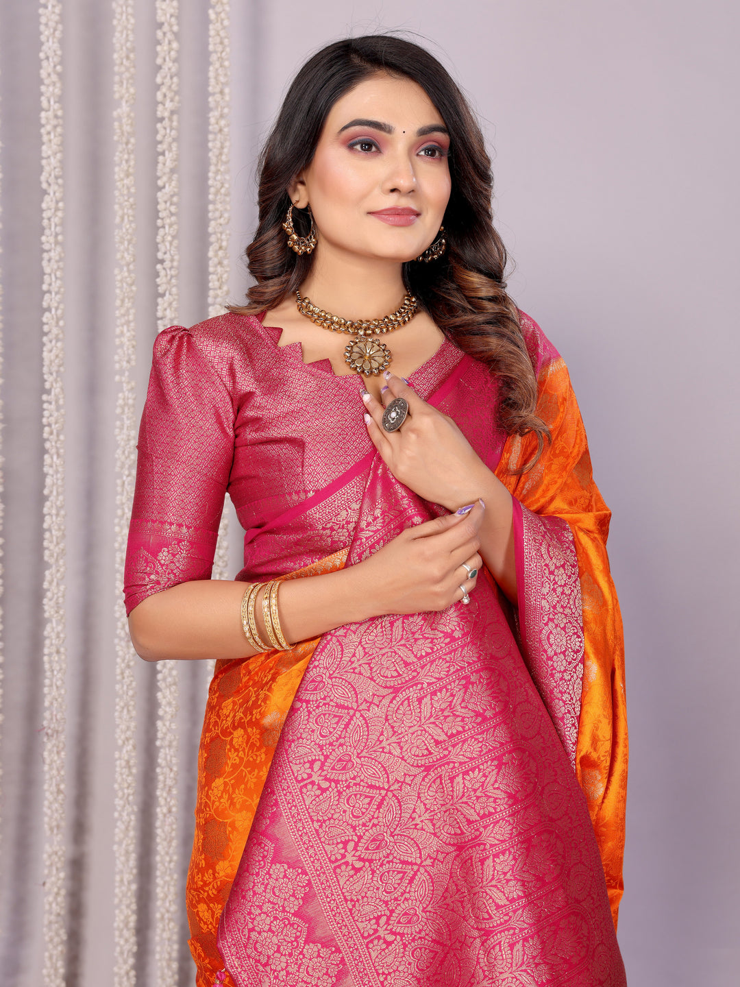 Orange Sandhya Satin Silk Sarees With Butta Designs & Contrast Zari Woven Borders