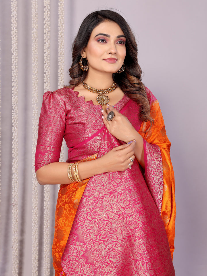 Orange Sandhya Satin Silk Sarees With Butta Designs & Contrast Zari Woven Borders