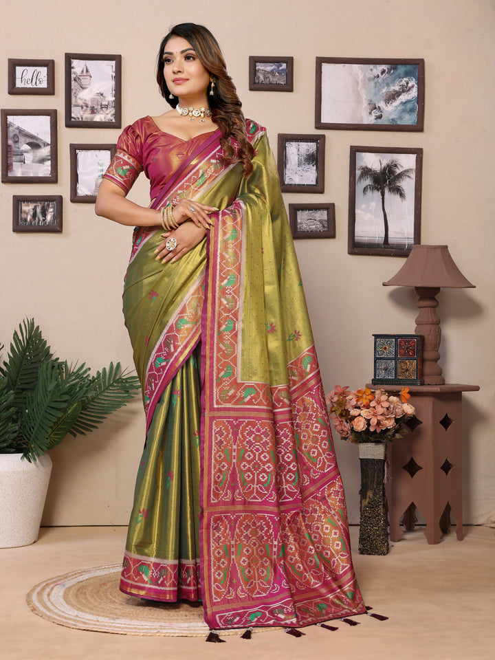 Green-Maroon Surekha Banarasi Silk Saree With Contrast Patola Woven Borders & Pallu