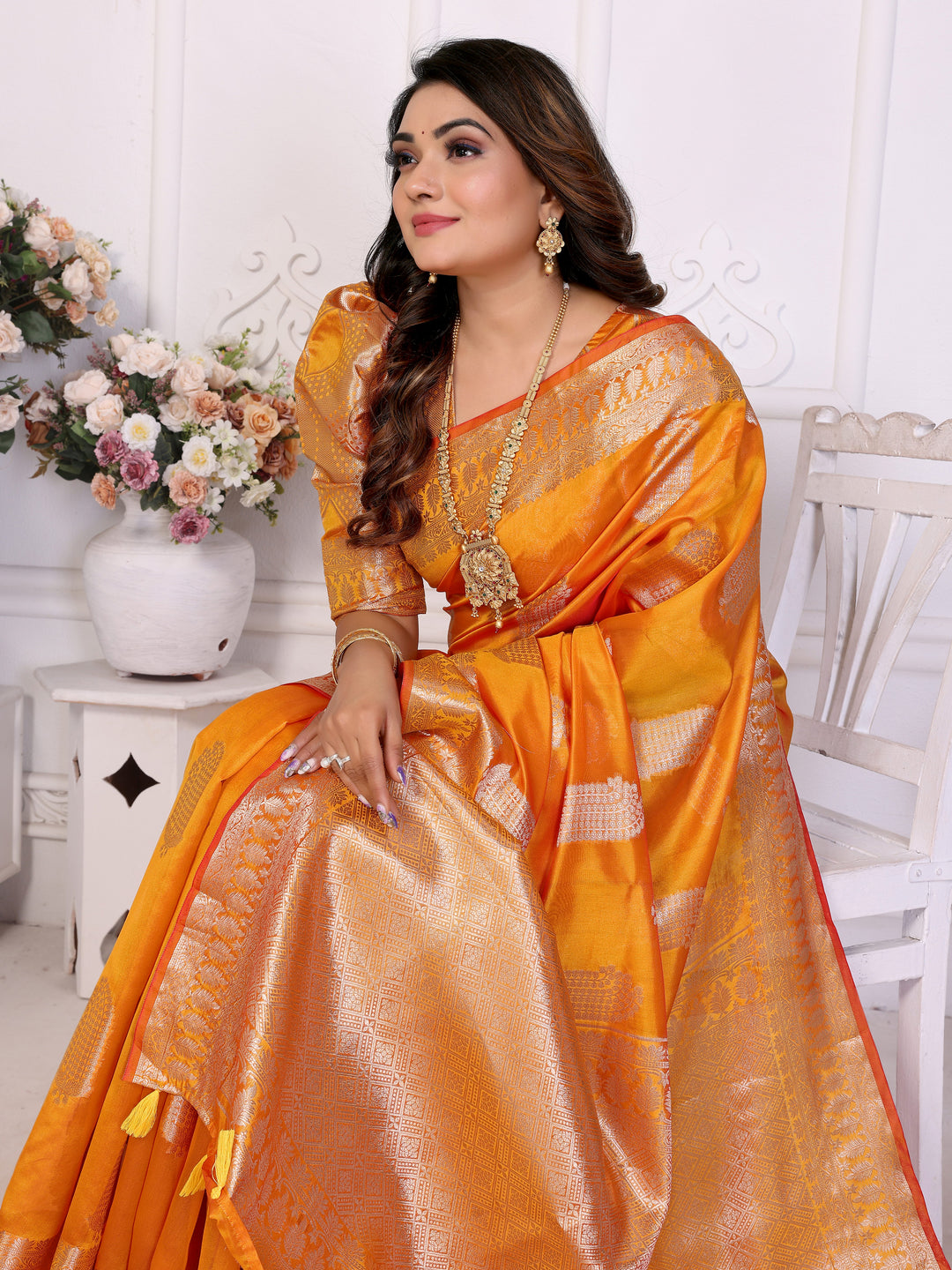 Orange Vanshika Soft Organza Silk Banarasi Saree With Unique Butta With Unique Colours
