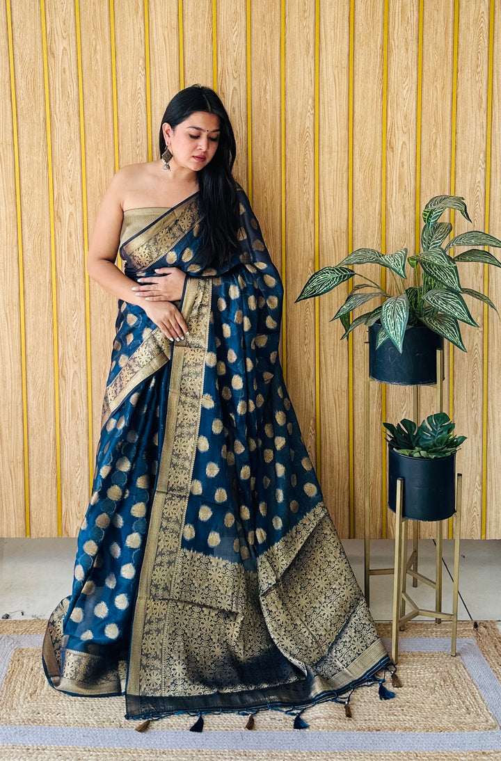 Navy Blue Sitara Soft Gimichu Silk Saree And Jari Weaving Border With Exclusive Jari Rich Pallu