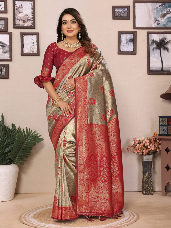 Red Mahek Handloom Tissue Silk Sarees with Zari Weaving and Contrast Zari  border