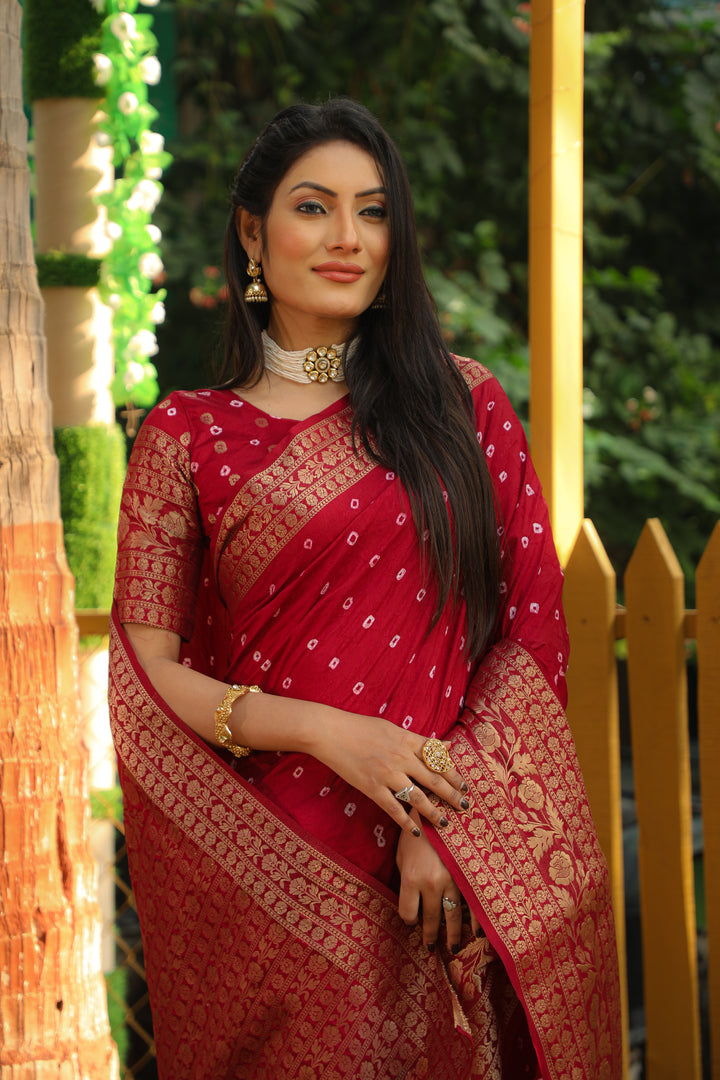 Maroon Toral Bandhej Kanjivaram Silk Saree Kanjivaram Border With Zari Weaving Rich Pallu