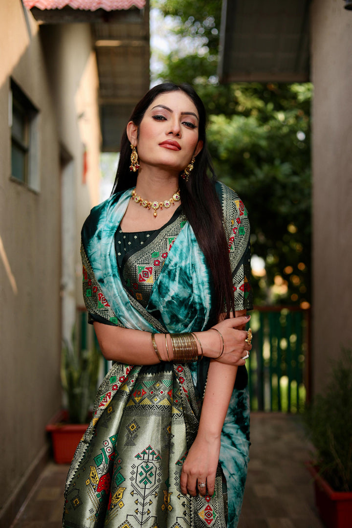 Green Flora Sibori Print Paithani Silk Sarees  With Gold Zari Paithani Border & Contrast  Rich Pallu