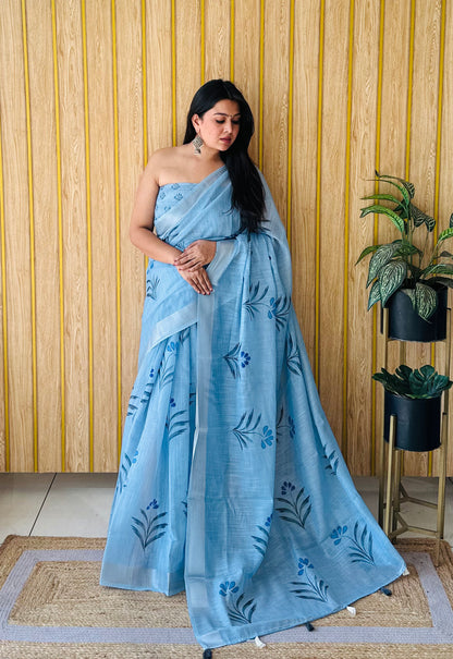 Sky Namrata Soft Linen Cotton Digital Print Sarees With Batik Print With Silver Border