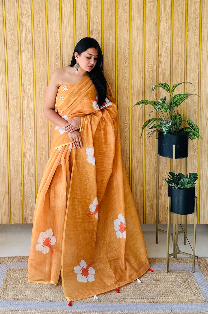 Yellow Champa-2 Soft Linen Cotton Digital Print Sarees With Flower Print & Printed Pallu