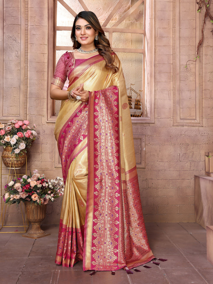 Beige Sundari Banarasi Tissue Silk Saree With Contrast Banarasi Woven Borders & Pallu