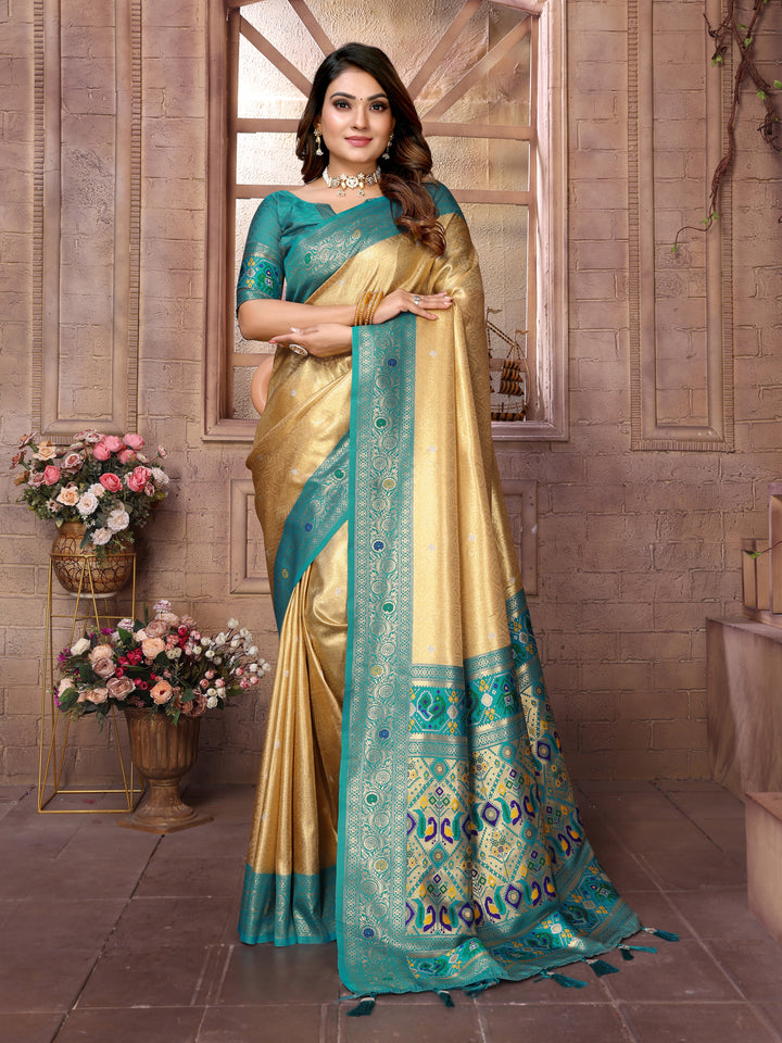Beige Vimala Banarasi Silk Saree With Contrast Paithani Woven Borders & Pallu