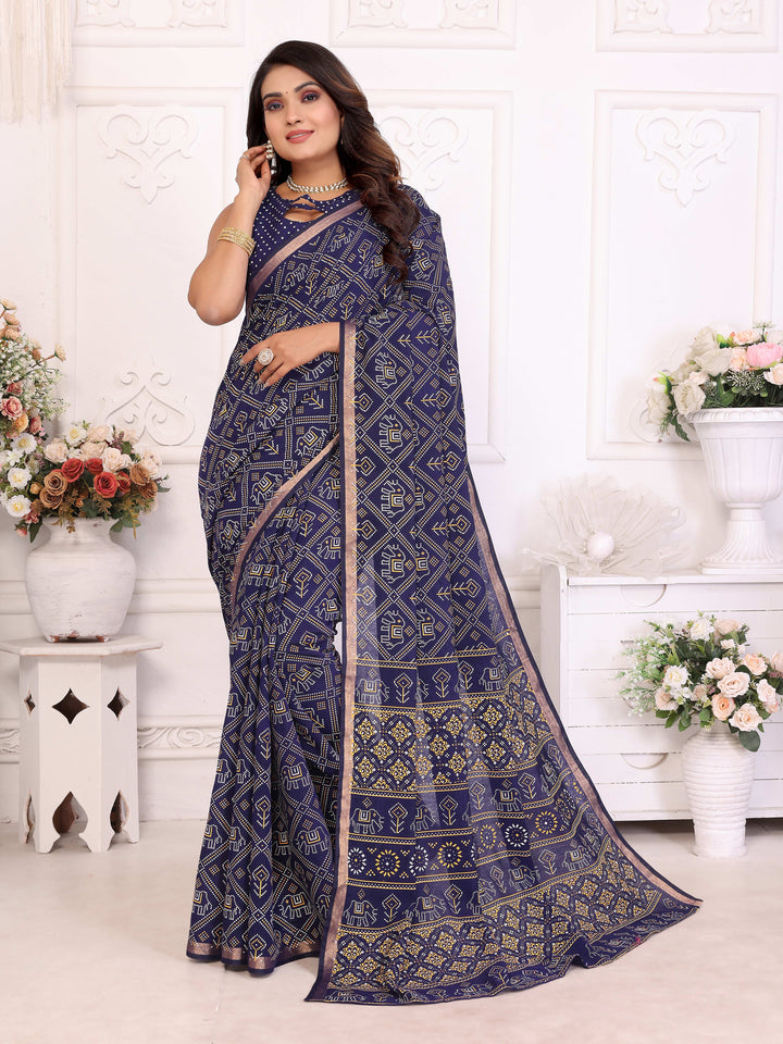 Navy Blue Ambika Pure Patola And Bandhej Pattern Soft Cotton Light Weight Saree