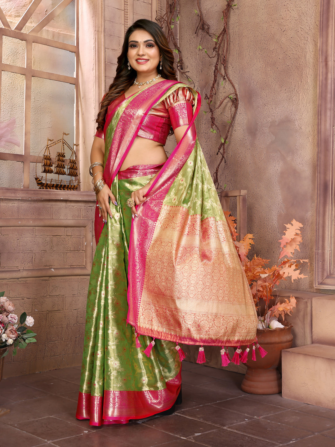 Green Vanita Tissue Silk Saree Zari Designs and Contrast Zari Borders & Rich Pallu