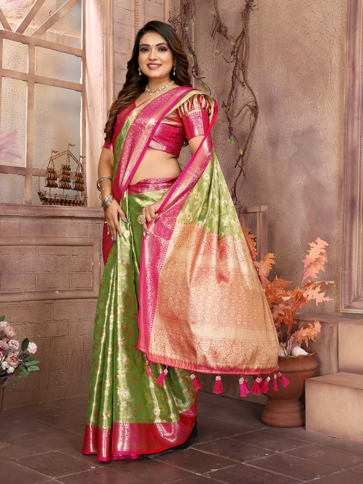 Green Vanita Tissue Silk Saree Zari Designs and Contrast Zari Borders & Rich Pallu