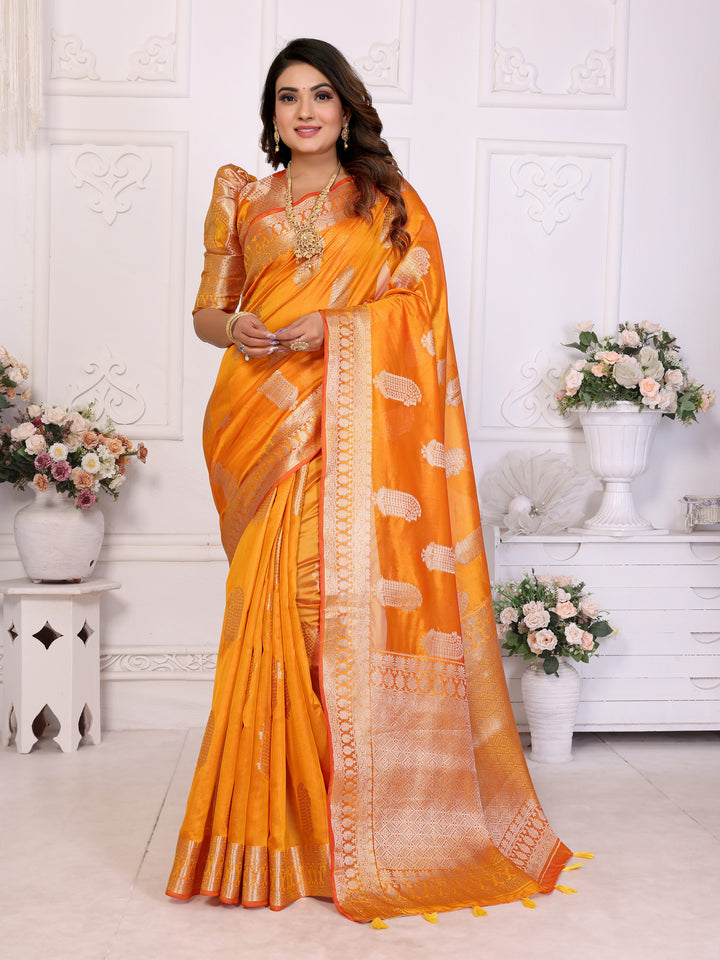 Orange Vanshika Soft Organza Silk Banarasi Saree With Unique Butta With Unique Colours