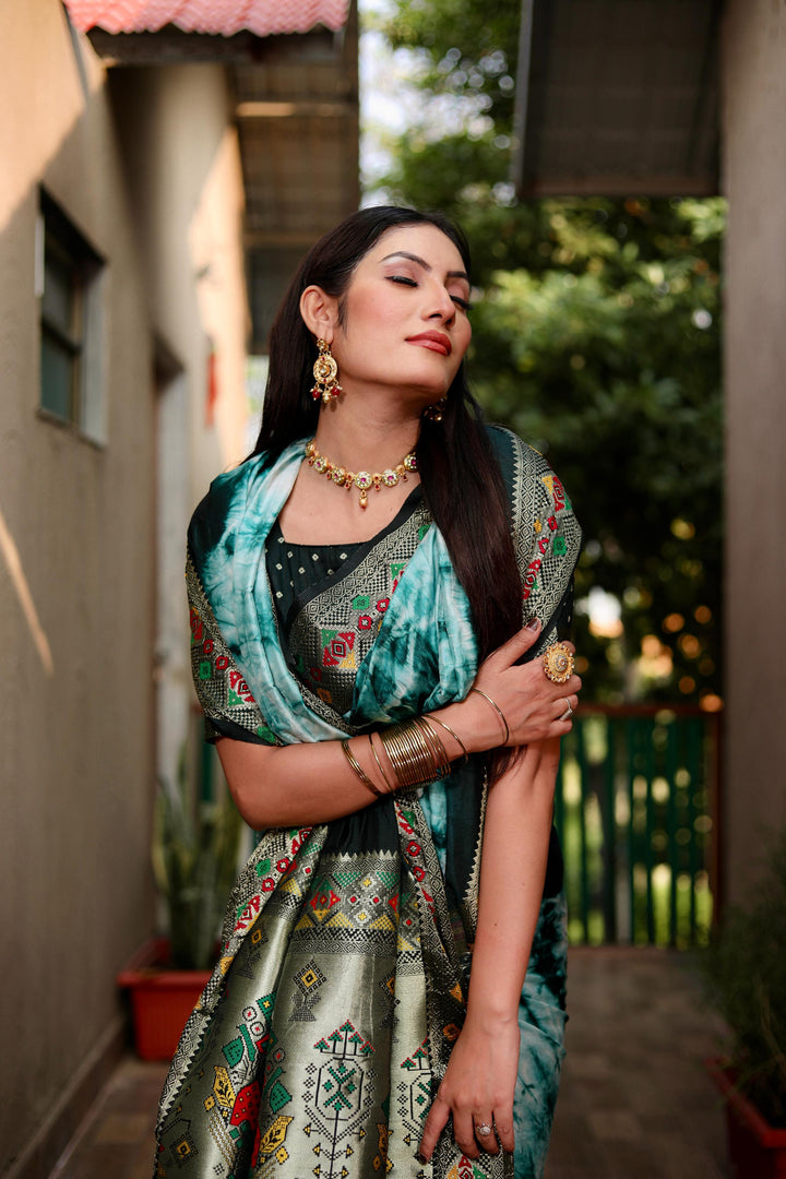 Green Flora Sibori Print Paithani Silk Sarees  With Gold Zari Paithani Border & Contrast  Rich Pallu