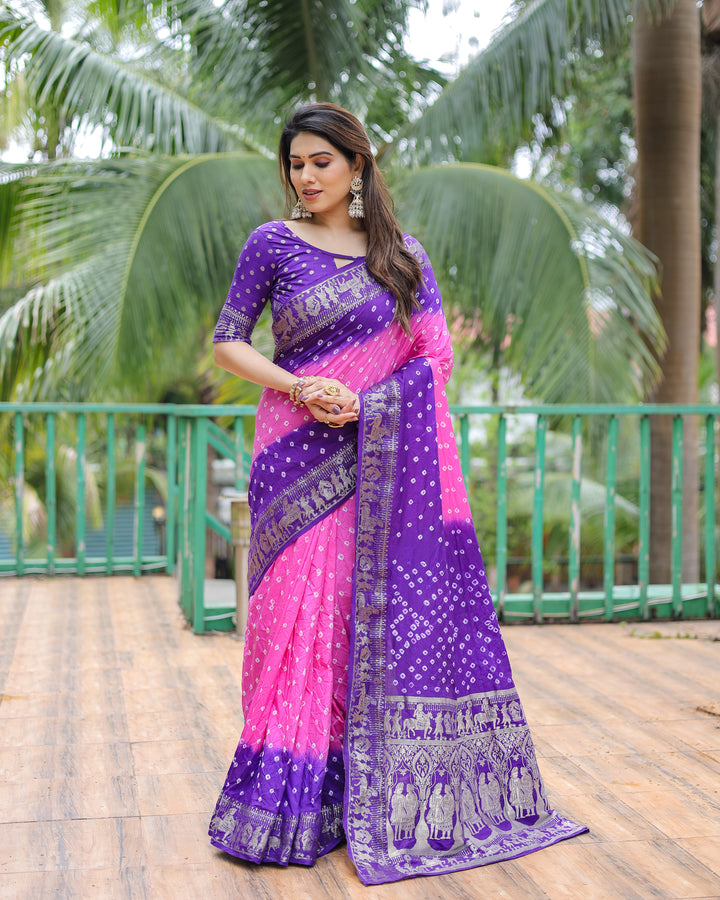 Purple Vamika Pure Bandhej Silk Saree With Bandhej Border & Zari Weaving Rich Tissue Pallu