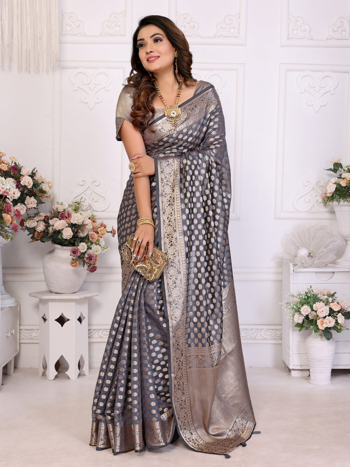 Gray Aruni Soft Organza Silk Banarasi Saree With Unique Butta With Unique Colours