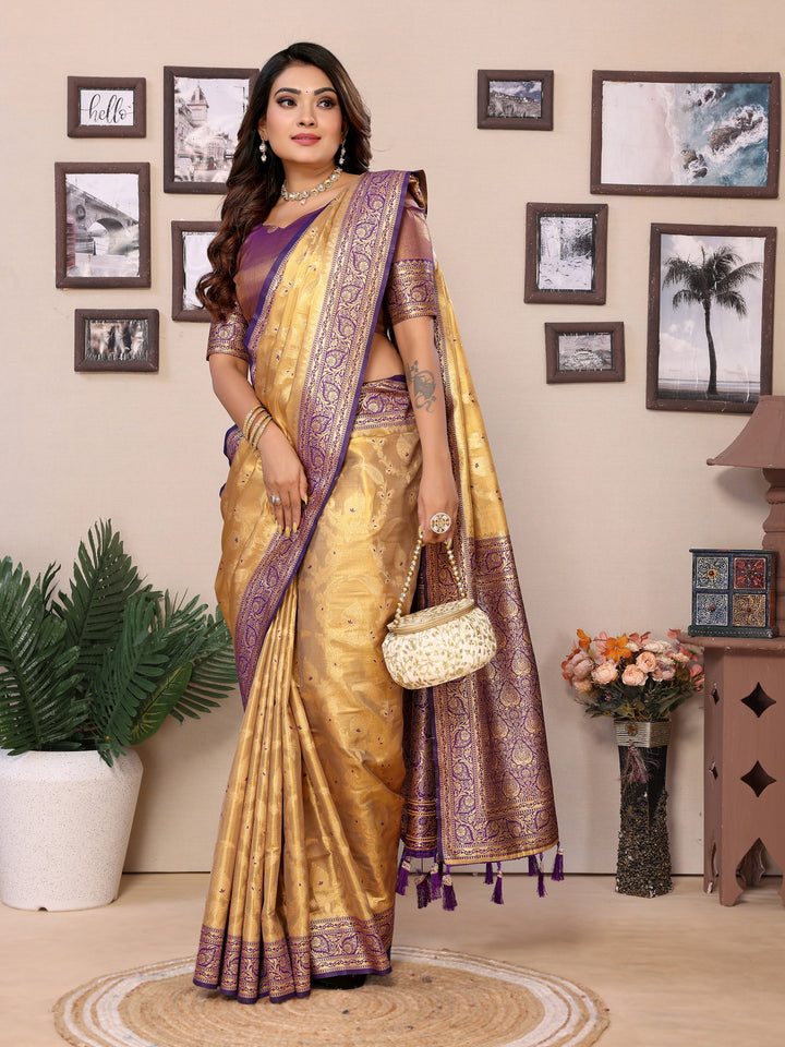 Purple-yellow Hema pure Banarasi Tissues silk sarees Its soft and silky with Meenkari woven border