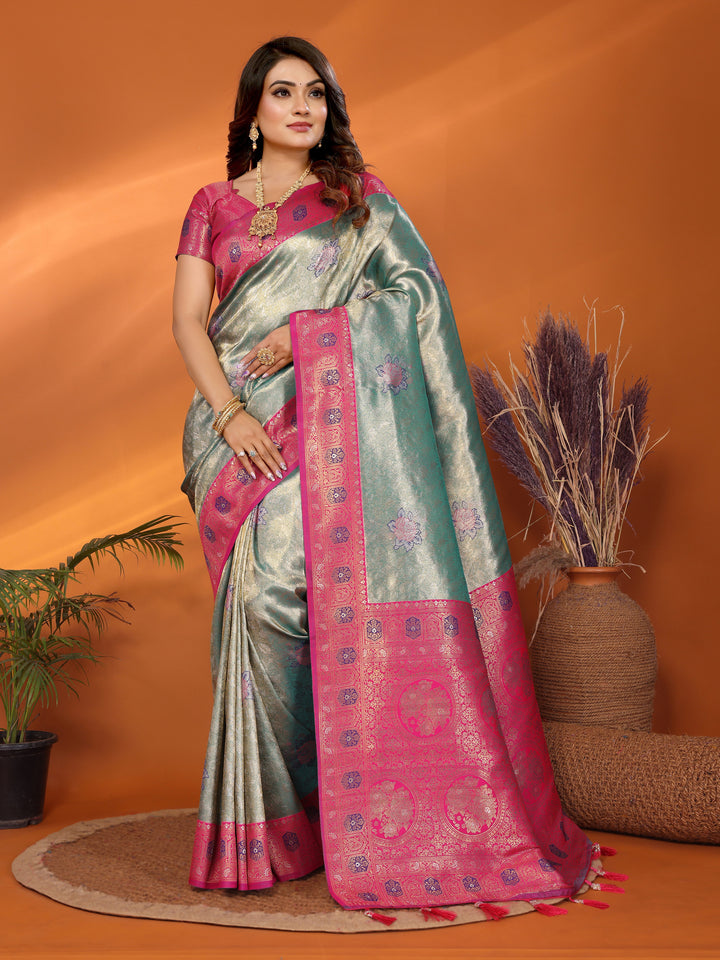 Sky Blue Saroj Banarasi Silk Saree With Contrast Paithani Woven Borders & Pallu