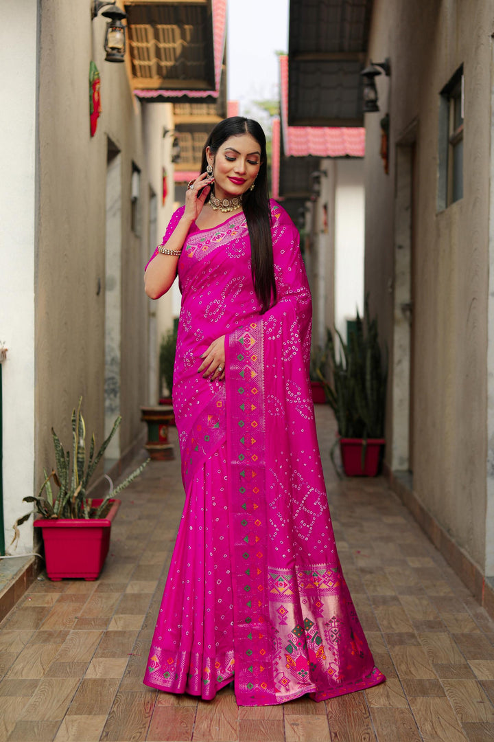 Magenta Mayraa Pure Bandhej Silk Saree With Patola Border Zari Weaving Paithani And Paithani Rich Pallu