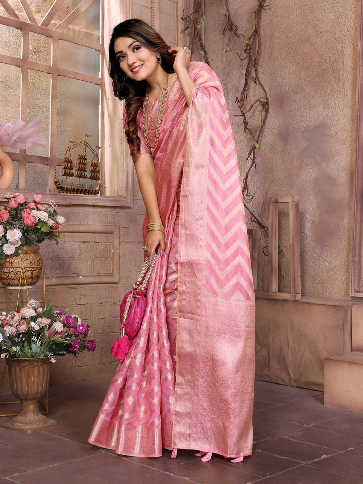 Pink Dwija Soft Organza Silk Banarasi Saree With Unique Butta With Unique Colours