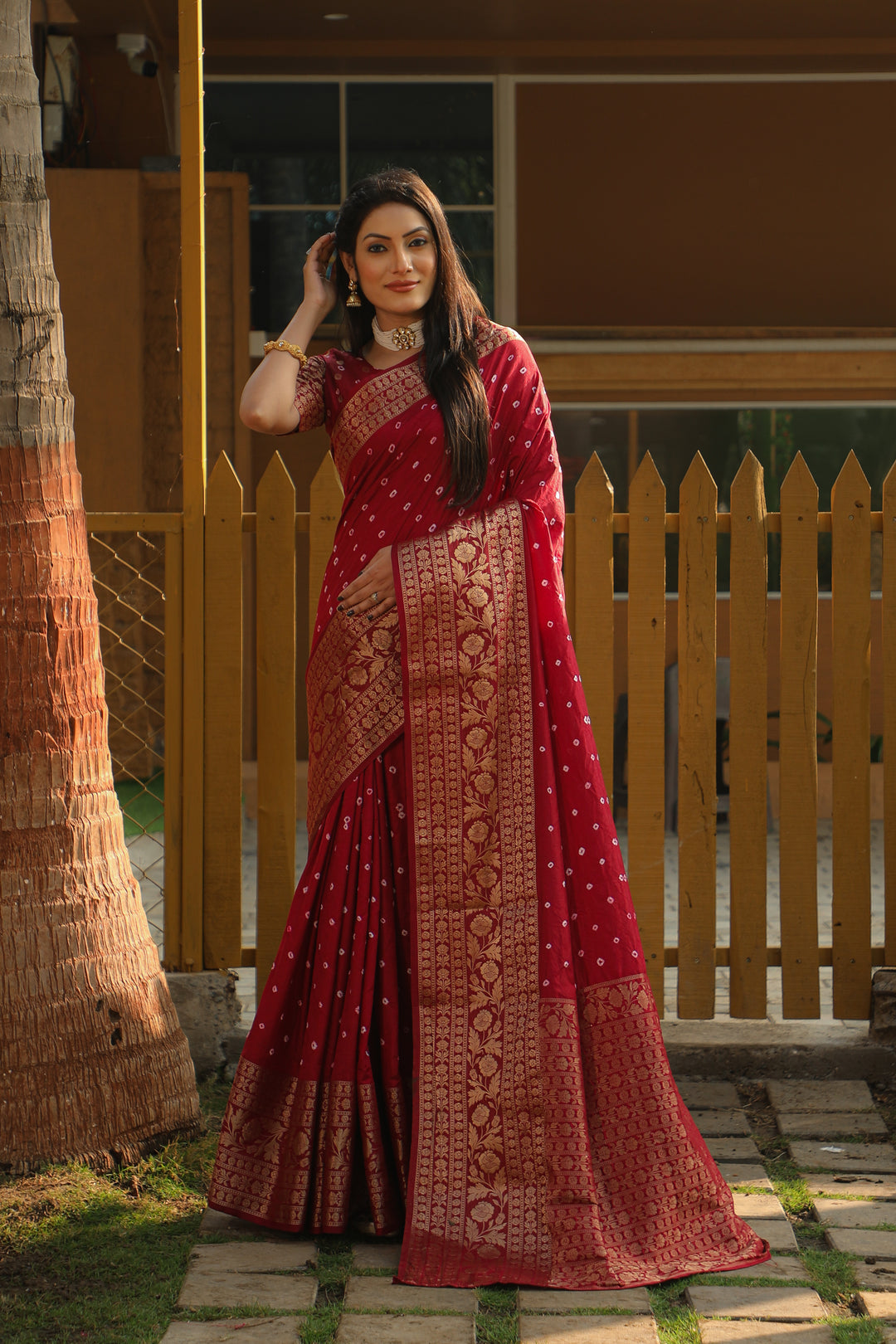 Maroon Toral Bandhej Kanjivaram Silk Saree Kanjivaram Border With Zari Weaving Rich Pallu