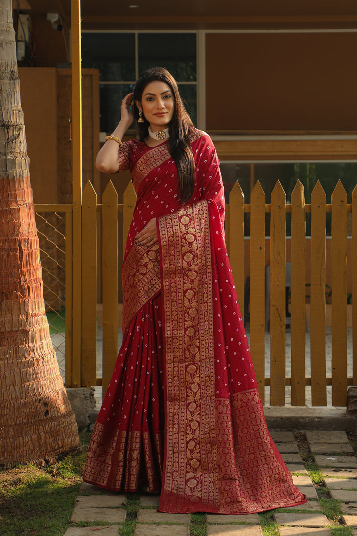 Maroon Toral Bandhej Kanjivaram Silk Saree Kanjivaram Border With Zari Weaving Rich Pallu